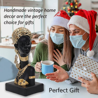 African Lady Bust Sculpture with Golden Headwrap – Resin Figurine with Earrings and Necklace, Modern African Woman Statue for Home Decor and Cultural Gift