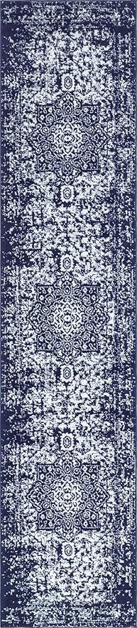 Rugs.com Arlington Collection Rug – 12 Ft Runner Navy Blue Medium-Pile Rug Perfect for Hallways, Entryways