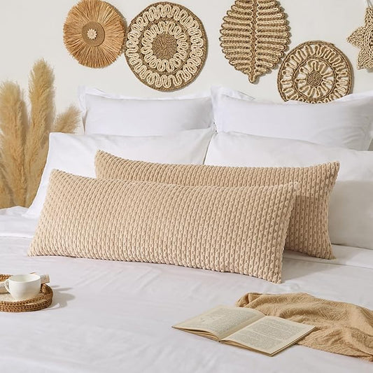 Kevin Textile 20x54 Inch Long Body Lumbar 1 Pack Boho Decorative Throw Pillow Cover Soft Striped Corduroy Rectangle Cushion Case Farmhouse Accent for Living Room Couch Sofa Bed, Light Beige