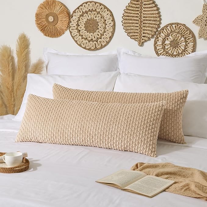 Kevin Textile 14x36 Inch Long Lumbar 1 Pack Boho Decorative Throw Pillow Cover Soft Striped Corduroy Rectangle Cushion Case Farmhouse Solid Color Accent for Living Room Couch Sofa Bed, Beige