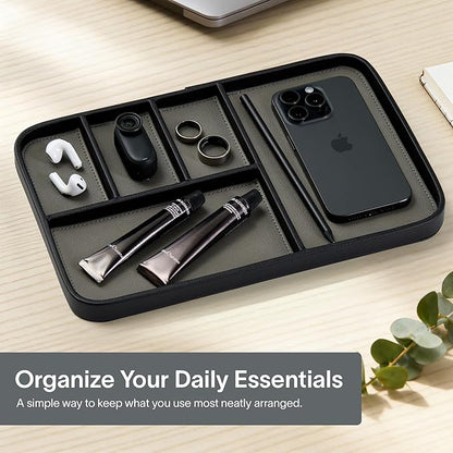 Nordik Leather Valet Tray - Pebble Black - 11.8x7.9 Inch Large Vegan Leather Tray - Stylish Nightstand Organizer for Men - Modern Bedside Caddy - EDC Catchall for Key Watch Wallet Jewellery