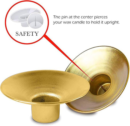 Ner Mitzvah Reusable Metal Candlestick Liners and Drip Guards - Safety Pin Holds Candles in Place - Nickel Plated Protector Bobeches - Gold - 2 Pack