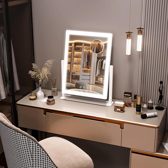 Hollywood Vanity Mirror with Lights, 17" L x 13" W LED Lighted Makeup Mirror, Dimmable & Three Color Lighting Modes, 10X Magnification Mirror, CRI>95% HD, 20W High Brightness (96 LED)