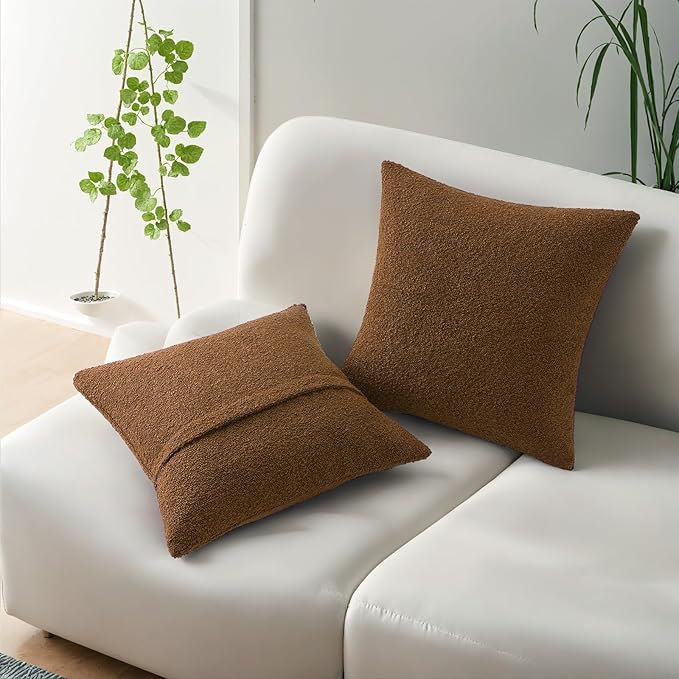 HAUSSY Set of 2 16x16 Decorative Throw Pillow Covers, Soft Cozy Textured Boucle Couch Cases, Home Decor for Couch Bed Living Room, Tobacco