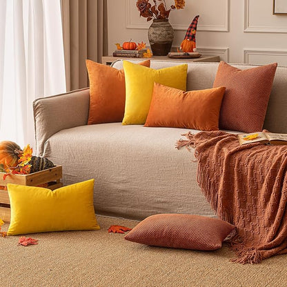 EMEMA Fall Orange Velvet Throw Pillow Covers 20x20 Inch Set of 2 Decorative Square Pillowcase Soft Solid Cushion Case for Couch Sofa Bed Bedroom Livingroom