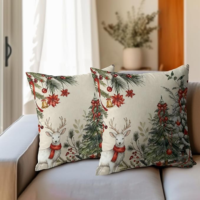 Christmas Pillow Covers 22x22 Set of 2 Green Tree Throw Pillow Covers Winter Pillowcase Linen Decoration Farmhouse Bell Deer Cozy Soft Cushion Case Couch for Indoor Outdoor Home Decor