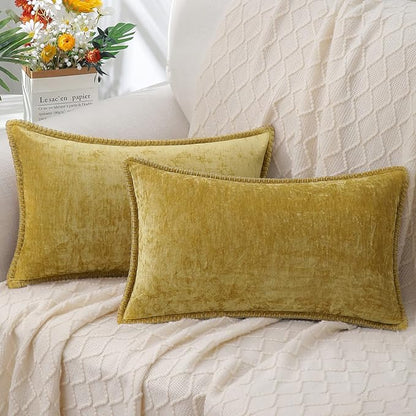 decorUhome Spring Chenille Soft Throw Pillow Covers 12x20 Set of 2, Lumbar Velvet Farmhouse Neutral Decorative Pillow Covers with Stitched Edge for Couch Sofa Bed Home Decor, Mineral Yellow