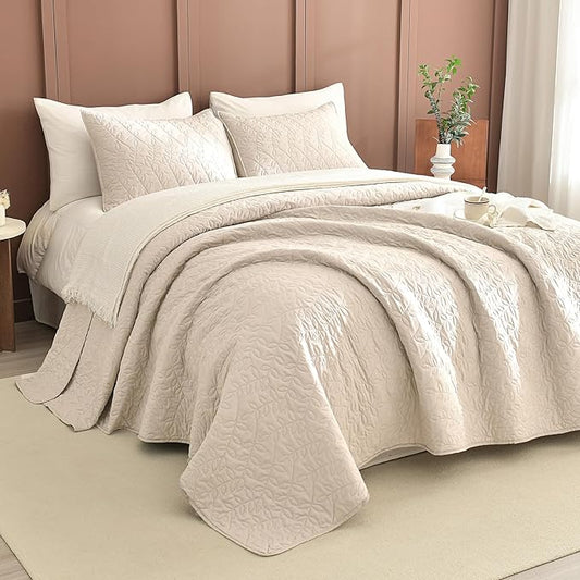 Sanracie California King Quilt Set 128"x 120", Wheat Colored 100% Cotton Oversized King Bedspread Coverlet Set Leaves Quilting 3Pcs Extra Large Wide Quilt Bedding Set for All Season Lightweight Soft
