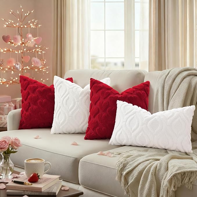 decorUhome Valentine’s Day Soft Plush Throw Pillow Covers 12x20 Inch Set of 2, Faux Fur Red Heart Decoration Neutral Lumbar Pillow Covers for Couch Sofa Bed Cozy Farmhouse Holiday Decor