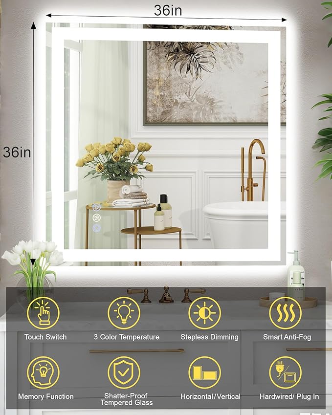 36"x 36" LED Bathroom Mirror, 3 Colors Vanity Mirror with Lights, Front and Backlit Bathroom Mirror with Lights, LED Smart Mirror for Wall, Tempered Glass, Anti-Fog, Stepless Dimmable, Memory(ETL)