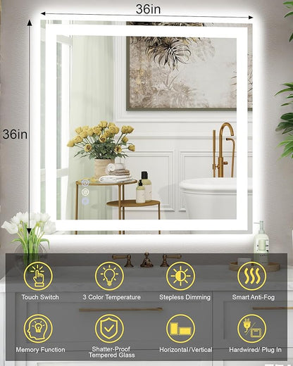 36"x 36" LED Bathroom Mirror, 3 Colors Vanity Mirror with Lights, Front and Backlit Bathroom Mirror with Lights, LED Smart Mirror for Wall, Tempered Glass, Anti-Fog, Stepless Dimmable, Memory(ETL)