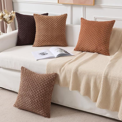 Kevin Textile Decorative Pillow Covers Set of 2 Striped Plush Corduroy Pillows Pillowcases Boho Home Decor Cushion Covers for Couch Sofa Bed Living Room 18x18 Inch, Coffee