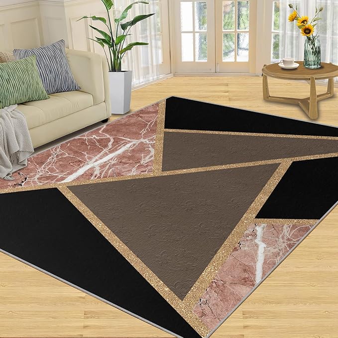 Black Gold Marble Rug Modern Geometric Marble Area Rug Mid-Century Minimalist Geometric Rugs Vintage Crackle Carpet Washable Non-Slip Carpet for Bedroom 7x10ft
