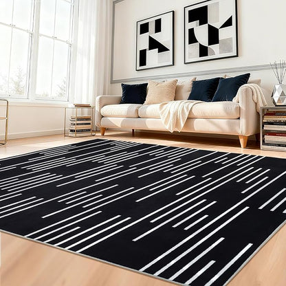 YIHOUSE Abstract Washable Rug 8x10,Ultra Thin Non Slip Black Rugs for Living Room,Modern Minimalist White Stripe Rugs for Bedroom,Dining Room Office Playroom (8'x10',Black-3)