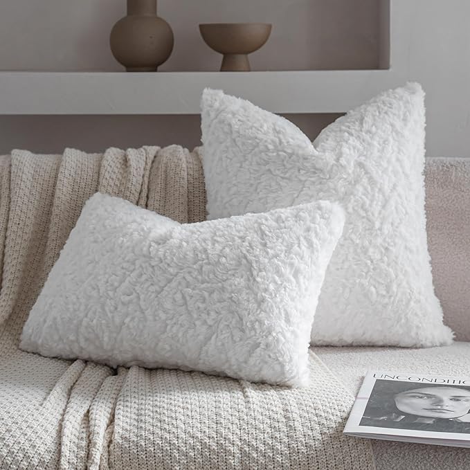 Neelvin Set of 2 Faux Fur Throw Pillow Covers 18x18 Inch White Cozy Soft Solid Decorative Pillowcases Thick Plush Sheepskin Cushion Case for Chair and Couch Sofa Bedroom