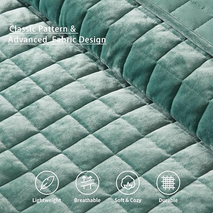 LEAONME Velvet Quilt Full/Queen Size-90''x98'', Lightweight Aqua Green Velvet Comforter Set with 2 Pillow Shams, Soft Bedspread Coverlet Quilted Bedding Set for All Season