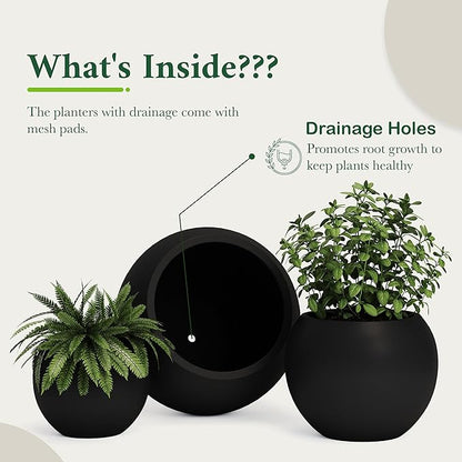 DTY Signature Mount Sherman Modern Indoor Outdoor Fiberstone Sphere Planter, Durable Round Garden Pot, Weather Resistant, Drainage Hole & Rubber Plug - Medium, Black