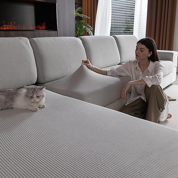Sectional Couch Covers, Wear Resistant Stretch Sofa Covers Washable Soft Couch Cushion Covers Anti Slip Furniture Protector Sofa Slipcovers for Pets (1 Piece Chair Cover, Light Gray)