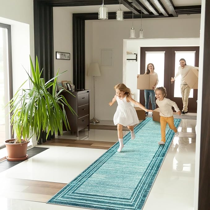 Lahome Abstract Runner Rug,Teal 2.5x12 Hallway Runners Rug Washable Non-Slip Long Kitchen Rugs Runner,Low-Pile Soft Runner Rugs for Hallway 12 ft Minimalist Solid Indoor Carpet Runner for Entryway