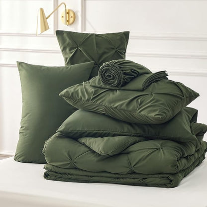 Bedsure Full Comforter Set Olive Green - Bed in a Bag Full Size Bedding Set 7 Pieces, GentleSoft™ Pintuck Bed Set Gift for Family, Pinch Pleat All Season Comforter with Sheets, Pillowcases & Shams