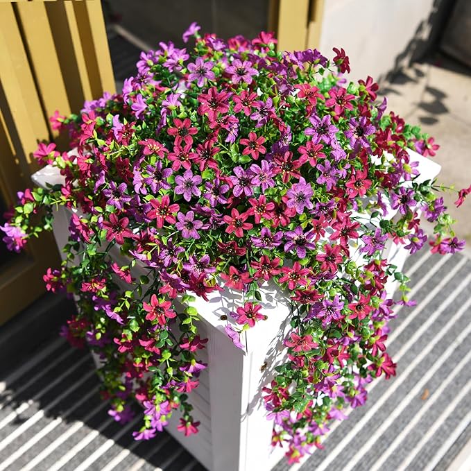 Artificial Hanging Flowers for Outdoors, 2 Pcs Fake Hanging Plant Spring Summer Decor, UV Resistant No Fade Realistic Faux Flower for Front Door Porch Planter Patio Garden Yard(Light Purple Red)
