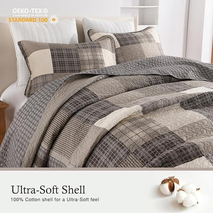 Farmhouse Bedspreads Queen Size 102"x120" - 100% Cotton Lightweight Queen Quilt with 2 Pillowshams, Cottage Plaid Oversize Queen Quilted Bedding Coverlet for All Season, Brown/Beige/Khaki