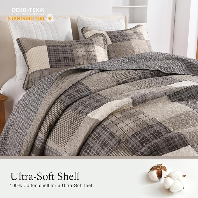 Oversized King Bedspread 128"x120" - 100% Cotton Lightweight California King Quilt with 2 Pillowshams, Farmhouse Plaid Extra Wide Quilted Bedding Bed Spreads Coverlet, Brown/Beige/Khaki