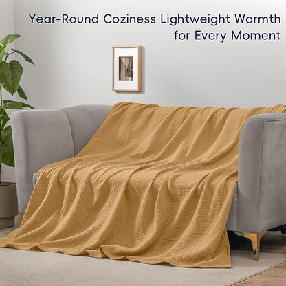 PHF 100% Cotton Muslin Blanket Queen Size 90"x90", 4-Layer Lightweight Gauze Throw, Breathable Cloud-Soft Minimalist Blanket for Bed, Couch, Camping & Baby, Amber, Ideal Gift