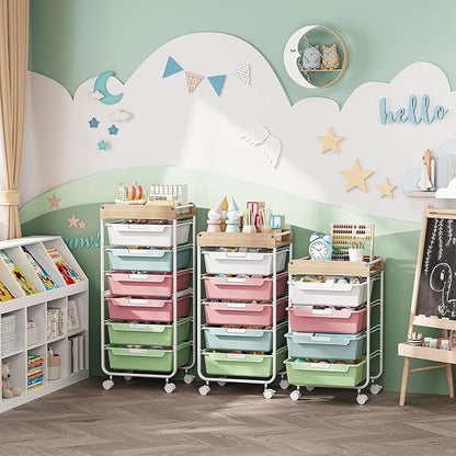 Rolling Storage Utility Cart With 4 Drawers,Kids Craft Art Cart,Makeup Organizer And Storage with Wooden Tabletop,Rainbow