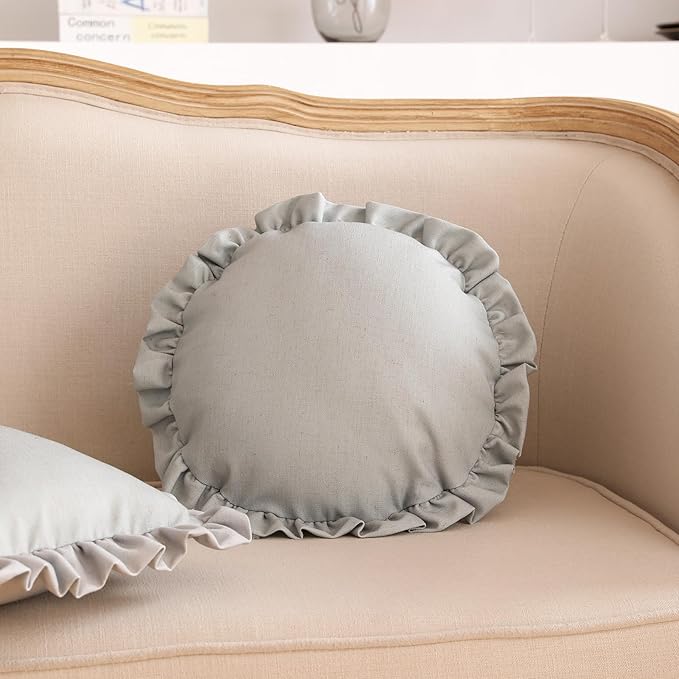 ISAENNE Classic Silver Round Throw Pillow Cover Diameter 16", Solid Color Farmhouse Linen Cotton Decoration Pillow Cover with Ruffles, Sturdy Throw Pillow Case for Couch Sofa Bed Living Room