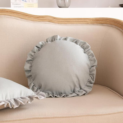 ISAENNE Classic Silver Round Throw Pillow Cover Diameter 16", Solid Color Farmhouse Linen Cotton Decoration Pillow Cover with Ruffles, Sturdy Throw Pillow Case for Couch Sofa Bed Living Room