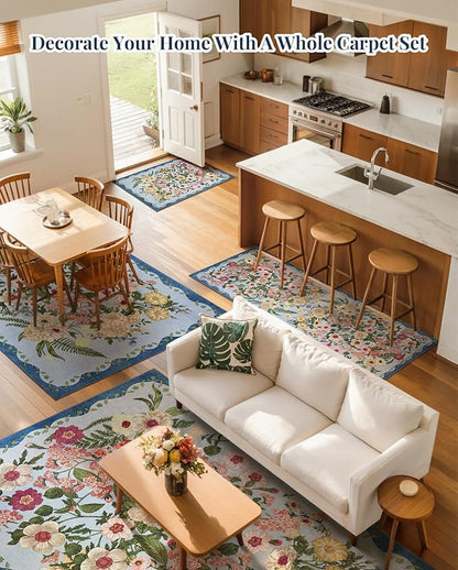 Floral Washable 5x7 Area Rugs - Living Room Rug Non Slip Low Pile Stain Resistant Carpets Indoor Vintage Flower Print Rug for Bedroom Dining Room Kitchen Home Office, Blue