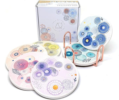 AD Set of 6 Coasters for Drinks Absorbing Round Ceramic Stone Coaster with Cork Base Tabletop Protection Mat for Mugs and Cups,Office,Kitchen (Color Droplets with Rose Gold Holder)