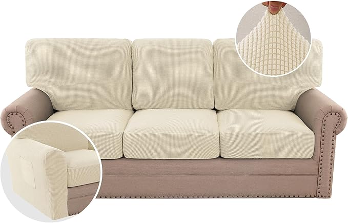 H.VERSAILTEX Multi-Pieces Sofa Covers Stretch Couch Covers Form Fitted Seats and Back Cushions Covers (3 Seat Covers Plus 3 Back Cusion Covers, Bonus 2 Armrest Covers), Natural