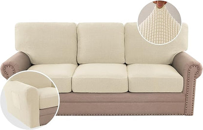 H.VERSAILTEX Multi-Pieces Sofa Covers Stretch Couch Covers Form Fitted Seats and Back Cushions Covers (3 Seat Covers Plus 3 Back Cusion Covers, Bonus 2 Armrest Covers), Natural