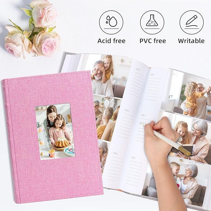 Vienrose Photo Album 4x6 300 Photos Linen Frame Cover with Memo Areas Photobook Large Capacity Slip-in Pictures Book for Wedding Baby Vacation, Pink