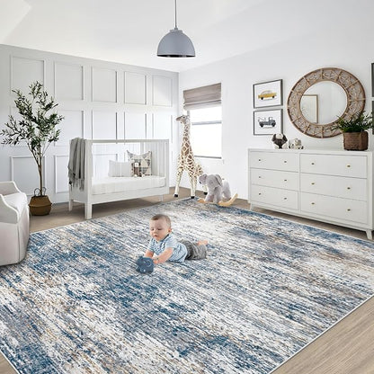 8x10 Area Rugs for Living Room, Washable Modern Abstract Large Area Rug Neutral Soft Non Slip Kids Rug Stain Resistant Indoor Carpet for Bedroom Nursery Dining Room Playroom Office(BlueWhite, 8'x10')