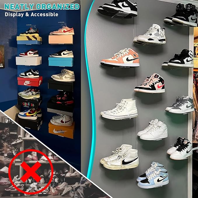 SIPRDE Floating Shoe Display Shelves for Wall Mount Set of 6 - Clear Acrylic Floating Shelves for Showcase Sneaker Collection or Shoes Box