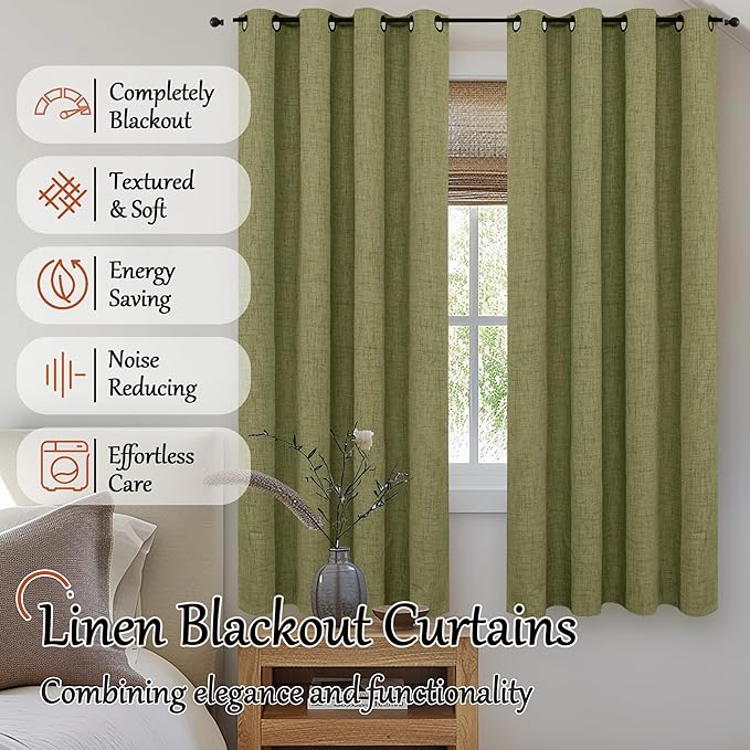 Lajode Olive Green 100% Linen Blackout Curtains for Living Room 63 Inch Long 2 Panels, Thermal Insulated Noise Reducing Window Total Black Out Curtains for Bedroom, Each 52x63 Inch 2 Panels