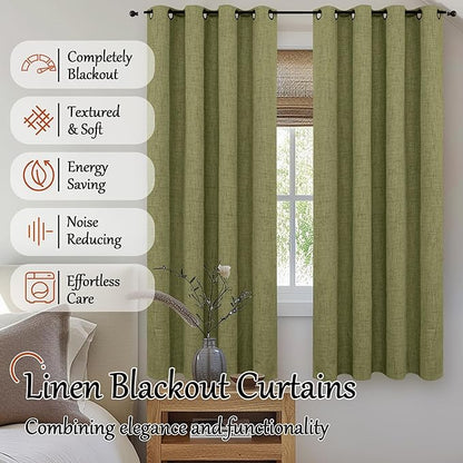 Lajode Olive Green 100% Linen Blackout Curtains for Living Room 63 Inch Long 2 Panels, Thermal Insulated Noise Reducing Window Total Black Out Curtains for Bedroom, Each 52x63 Inch 2 Panels
