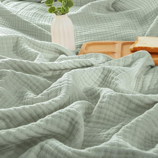 PHF 100% Cotton Muslin Blanket Twin XL Size 66"x90", 4-Layer Lightweight Gauze Throw, Breathable Cloud-Soft Minimalist Blanket for Bed, Couch, Camping & Baby, Sage Green, Ideal Gift