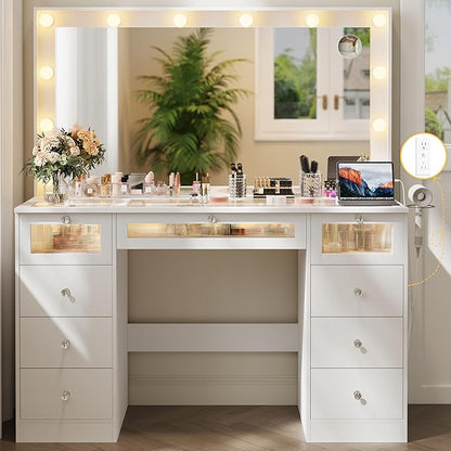 Makeup Vanity Desk with LED Lights and Large 36.9’’ Mirror, 9 Drawers Vanity with Glass Top & 3 Color Hollywood Bulbs, Make Up Vanity with Charging Station & Crystal Knobs for Woman, White