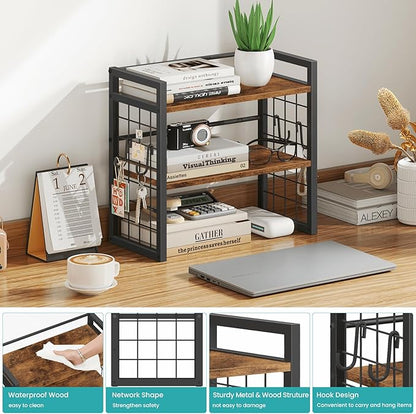 ELITEROO Desktop Shelf Organizer, 2 Tier Wood Desk Bookshelf, Desk Top Storage Rack for Office, Dorm, or Bedroom Decor, Small Tabletop Shelf for Books, Plants & Accessories, Rustic Brown