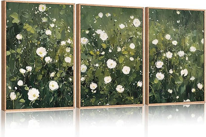 HLNIUC Green White Floral Framed Wall Art Set, Abstract Flower Canvas Wall Decor, Modern Botanical Wall Painting, Blossom Landscape Art Print for Living Room, Bedroom, Office - 24"x36"x3