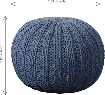 LR Home Blue Cableknit Cotton Round Ottoman for Home Décor | Hand-Made Farmhouse Foot Rest for Bedroom & Living Room | 20 x 20 x 16 Stuffed Pouf for Seating