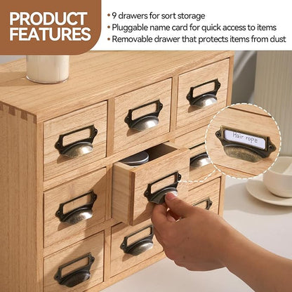 KIRIGEN Wood Drawer Organizer Desktop Storage Cabinet Box Drawers for Home Office Desk Organization and Storage 9 Drawer Mini Chest with Metal Handles Natural (9CG-NA)