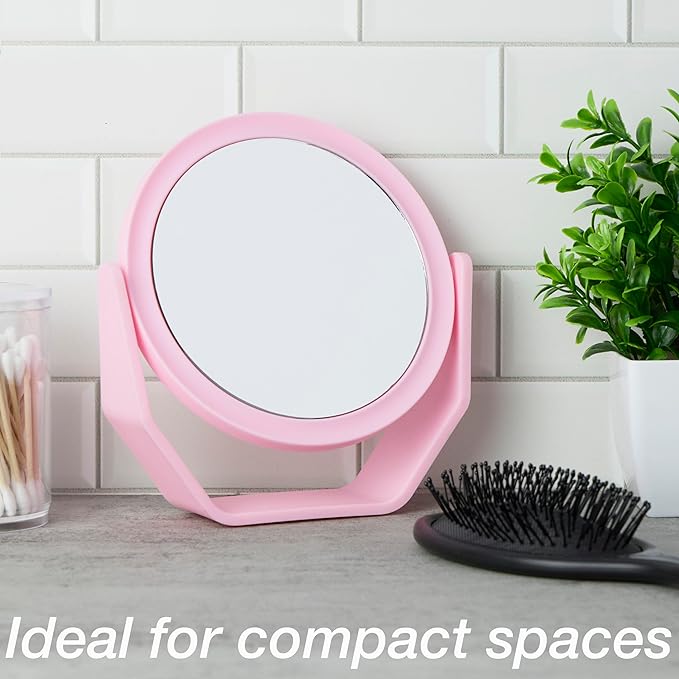 EXPRESSIONS Premium Soft Touch Rotating Mirror with 1x/2x Magnification - Round Pink Vanity Mirror, Handheld or Tabletop Mirror Magnification Makeup Mirror, Small Desk Mirror or Travel Mirror