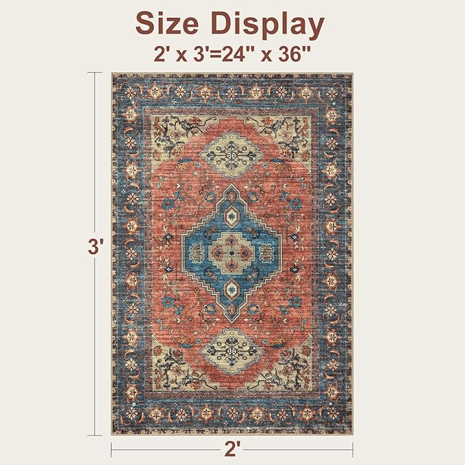 Tangsoo Oriental Washable Entryway Rugs Terracotta 2x3 Non Slip Small Area Rug, Vintage Indoor Front Door Rug, Print Door Mat Indoor Entrance Soft Low Pile Throw Rug for Entry Kitchen Bedroom
