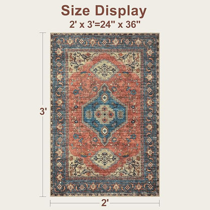 Tangsoo Oriental Washable Entryway Rugs Terracotta 2x3 Non Slip Small Area Rug, Vintage Indoor Front Door Rug, Print Door Mat Indoor Entrance Soft Low Pile Throw Rug for Entry Kitchen Bedroom