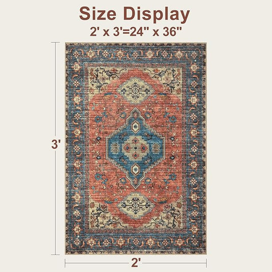 Tangsoo Oriental Washable Entryway Rugs Terracotta 2x3 Non Slip Small Area Rug, Vintage Indoor Front Door Rug, Print Door Mat Indoor Entrance Soft Low Pile Throw Rug for Entry Kitchen Bedroom